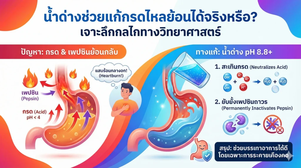 น้ำด่างช่วยแก้กรดไหลย้อนได้จริงหรือ? เจาะลึกกลไกทางวิทยาศาสตร์