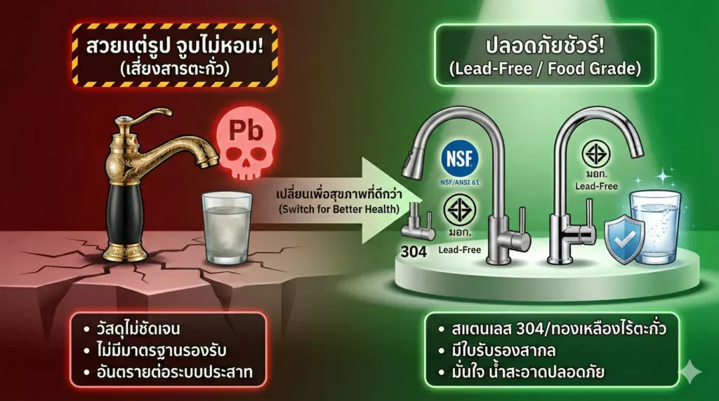 ก๊อกน้ำดื่ม (Faucet): เลือกแบบไหนให้ปลอดภัยจากสารตะกั่ว? สวยแต่รูปจูบไม่หอมมีจริงไหม?
