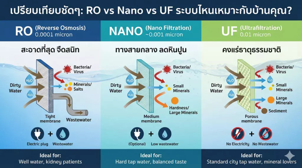 เทียบชัดๆ RO vs UF vs Nano: ระบบไหนเหมาะกับบ้านคุณที่สุด?